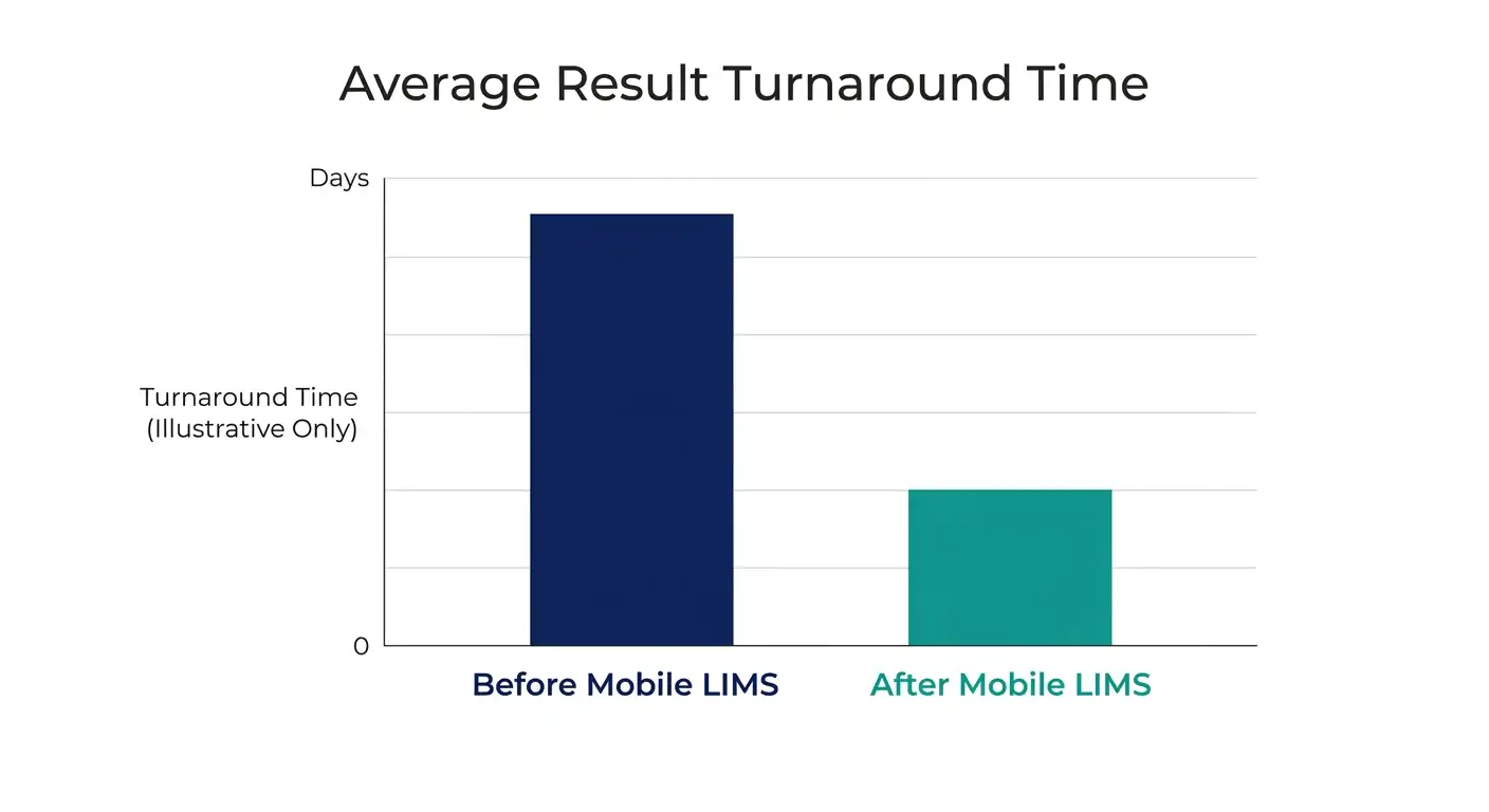 Bar chart titled 'Average Result Turnaround Time' comparing turnaround times before and after implementing Mobile LIMS. The dark blue bar labeled 'Before Mobile LIMS' is significantly taller than the teal bar labeled 'After Mobile LIMS,' illustrating a substantial reduction in turnaround time. The vertical axis is labeled 'Days,' with a note indicating the figures are illustrative only and not verified statistical data.